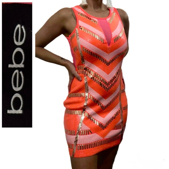bebe Dresses & Skirts - Bebe Neon Coral Sequin Bodycon Mini Dress Size Small Cocktail Dress